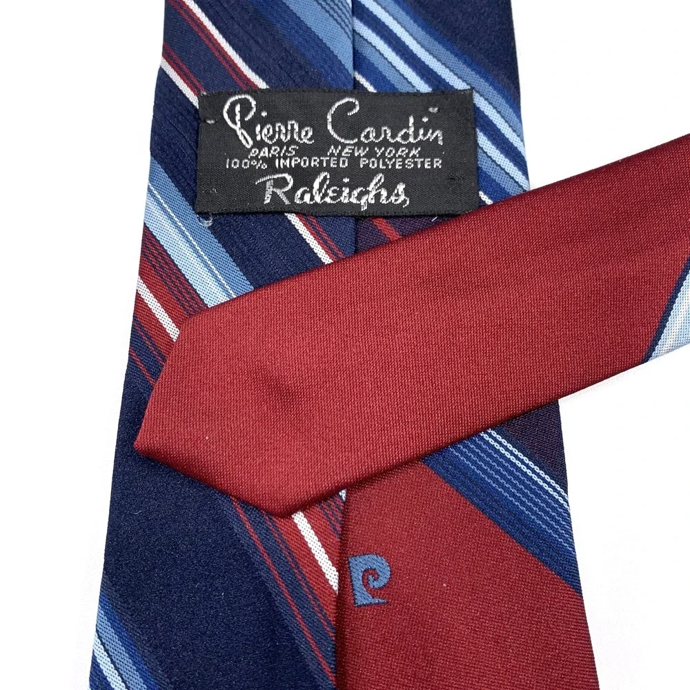 Vintage Pierre Cardin Mens Tie Blue w/ Maroon-White Stripe Design 100% Poly Logo